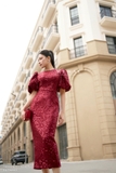 Đầm dự tiệc dạ tweed dệt kim sa tay bồng