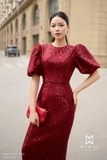 Đầm dự tiệc dạ tweed dệt kim sa tay bồng