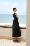 (2 màu) Đầm tiệc xoè cổ thuyền xẻ trước