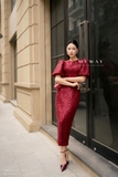 Đầm dự tiệc dạ tweed dệt kim sa tay bồng