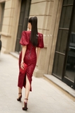 Đầm dự tiệc dạ tweed dệt kim sa tay bồng