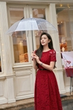 Đầm xòe dáng cổ thuyền phối tay ngắn