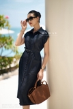 Đầm sơ mi suông denim vai chờm