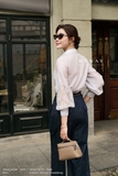 (2 màu) Áo sơ mi dáng suông vừa phối cổ Đức