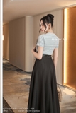 (3 màu) Chân váy xòe Cotton denim cạp cao công sở