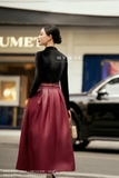 Chân váy xoè xếp ly simili leather cạp cao