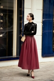 Chân váy xoè xếp ly simili leather cạp cao