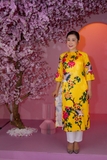 Áo Dài Gấm In Vàng Họa Tiết Chim Hạc