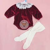TU CLOTHING Baby Christmas Red Velour Collared Romper & Tights
