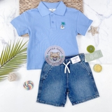 HM Kid Cotton Piqué Polo Shirt Light blue/Palm tree