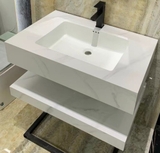 Bộ Bàn Đá Lavabo Âm Bàn Đôi Chống Trầy Trắng Vân Mây Kèm Gương Led, Lavabo