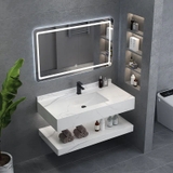 Bộ Bàn Đá Lavabo Âm Bàn Đôi Chống Trầy Trắng Vân Mây Kèm Gương Led, Lavabo