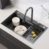 Combo Chậu Rửa Chén 1 Hộc + Vòi Rửa Chén Thác Nước Inox Phủ Nano Đen 7545