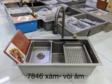 Combo Chậu Rửa Chén 1 Hộc + Vòi Rửa Chén Thác Nước Inox Phủ Nano Xám 7846