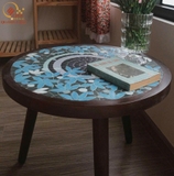 Bàn tròn khung gỗ mosaic gốm Yên Lam QM-BT21