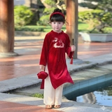 Bộ áo dài bé gái nhung the truyền thống mềm mịn thêu Thỏ Ngọc áo kèm quần MamLa CC211