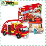 Đồ chơi lắp ghép xếp hình xe cứu hỏa cảnh sát có vòi rồng với 328 mảnh ghép