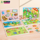 Đồ chơi tranh gỗ ghép 3D theo chủ đề kèm chữ cái tiếng anh, làm bằng gỗ thông an toàn cho bé