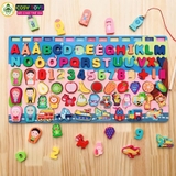 Đồ chơi gỗ Montessori đa năng 7 trong 1 gồm chữ cái, số, hình khối, câu cá...trí tuệ cho bé