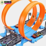 Đồ chơi mô hình đường đua hot weels với hai vòng trượt 360 độ và trạm phóng kèm xe đua cho bé