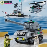 Đồ chơi lắp ghép xếp hình tàu chiến đấu cao cấp 6 trong 1 mẫu mới kèm trực thăng, tàu nhỏ và các nhân vật thủy thủ với 1456 mảnh ghép
