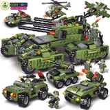 Đồ chơi lắp ghép xếp hình xe tăng nhiều nòng pháo kèm các xe nhỏ 6 trong 1 với 566 chi tiết