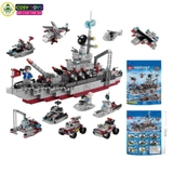 Đồ chơi lắp ghép xếp hình tàu chiến 24 trong 1 (dạng túi) kèm nhiều mẫu trực thăng, tàu nhỏ và các nhân vật thủy thủ với 554 mảnh ghép