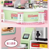 Đồ chơi lắp ghép tiệm trà sữa cao cấp với 138 chi tiết lắp gép đầy đủ vật dụng pha chế, quầy hàng đồ dùng cho bé