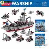 Đồ chơi lắp ghép xếp hình tàu chiến 24 trong 1 (dạng túi) kèm nhiều mẫu trực thăng, tàu nhỏ và các nhân vật thủy thủ với 554 mảnh ghép