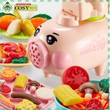 Hộp đất nặn hình con heo với các khuôn làm đồ ăn đủ màu sắc