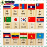 Bộ 100 quân cờ Domino lá cờ các quốc gia, xếp hình nhận biết Quốc kì các nước làm bằng gỗ tự nhiên cao cấp
