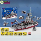Đồ chơi lắp ghép xếp hình tàu chiến 24 trong 1 kèm nhiều mẫu trực thăng, tàu nhỏ và các nhân vật thủy thủ với 651 mảnh ghép