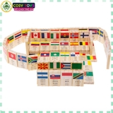 Bộ 100 quân cờ Domino lá cờ các quốc gia, xếp hình nhận biết Quốc kì các nước làm bằng gỗ tự nhiên cao cấp