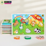 Đồ chơi tranh gỗ ghép 3D theo chủ đề kèm chữ cái tiếng anh, làm bằng gỗ thông an toàn cho bé