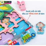 Đồ chơi gỗ Montessori đa năng 7 trong 1 gồm chữ cái, số, hình khối, câu cá...trí tuệ cho bé
