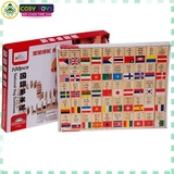 Bộ 100 quân cờ Domino lá cờ các quốc gia, xếp hình nhận biết Quốc kì các nước làm bằng gỗ tự nhiên cao cấp