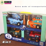Đồ chơi mô hình 4 trong 1 gồm xe ô tô, tàu hỏa, xe máy bay, xe máy cày có thể tháo lắp được cho bé