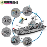 Đồ chơi lắp ghép xếp hình tàu chiến đấu cao cấp cỡ lớn 6 trong 1 kèm trực thăng, tàu nhỏ và các nhân vật thủy thủ với 1442 mảnh ghép