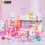 Đồ chơi búp bê mô hình ngôi nhà thỏ hồng cho bé
