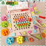 Đồ chơi gắp hạt kèm câu cá - thả số hình khối, xâu dây bằng gỗ thông an toàn cho bé