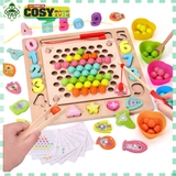 Đồ chơi gắp hạt kèm câu cá - thả số hình khối, xâu dây bằng gỗ thông an toàn cho bé