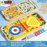 Bộ bàn cờ 5 trong 1 bằng gỗ gồm bàn bóng búng dây su, boling, banh ném và 4 quân cờ người cho bé