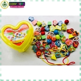 Đồ chơi xâu hạt gỗ nhiều hình dáng và màu sắc hộp trái tim cho bé