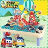 Đồ chơi xếp hình khu vui chơi trẻ em đu quay, cầu trượt, ô tô kèm bàn lắp ráp với 24 chi tiết cho bé