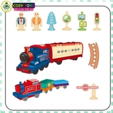 Đồ chơi lắp ghép đoàn tàu xe lửa chạy trên đường ray gồm 3 toa tàu nhỏ chạy pin và 1 đầu tàu lớn cho bé