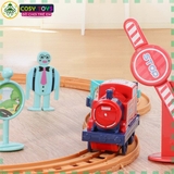 Đồ chơi lắp ghép đoàn tàu xe lửa chạy trên đường ray gồm 3 toa tàu nhỏ chạy pin và 1 đầu tàu lớn cho bé