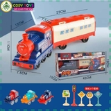 Đồ chơi lắp ghép đoàn tàu xe lửa chạy trên đường ray gồm 3 toa tàu nhỏ chạy pin và 1 đầu tàu lớn cho bé