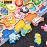 Đồ chơi gỗ Montessori đa năng 7 trong 1 gồm chữ cái, số, hình khối, câu cá...trí tuệ cho bé