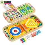 Bộ bàn cờ 5 trong 1 bằng gỗ gồm bàn bóng búng dây su, boling, banh ném và 4 quân cờ người cho bé