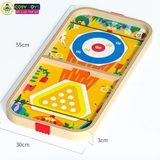 Bộ bàn cờ 5 trong 1 bằng gỗ gồm bàn bóng búng dây su, boling, banh ném và 4 quân cờ người cho bé